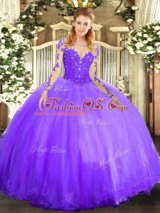 Lavender Long Sleeves Lace Floor Length Quince Ball Gowns