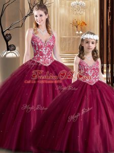 Lace Quinceanera Dresses Wine Red Lace Up Sleeveless Floor Length