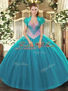 Best Sleeveless Floor Length Beading Lace Up Sweet 16 Dresses with Aqua Blue
