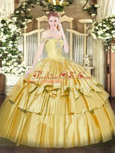 Pretty Gold Lace Up Off The Shoulder Beading and Ruffled Layers Sweet 16 Dresses Organza and Taffeta Sleeveless