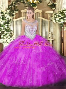 Fuchsia Zipper Scoop Beading and Ruffles Quince Ball Gowns Tulle Sleeveless