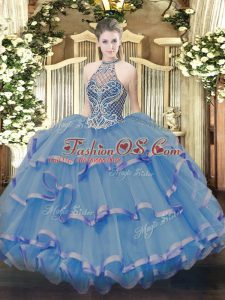 Blue Ball Gowns Organza Halter Top Sleeveless Beading and Ruffles Floor Length Lace Up Vestidos de Quinceanera