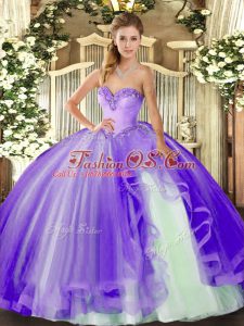Lavender Sleeveless Floor Length Beading and Ruffles Lace Up Quinceanera Gown