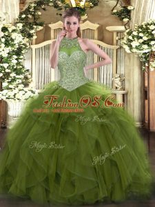Custom Fit Sleeveless Floor Length Beading Lace Up Quinceanera Gowns with Olive Green