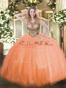 Floor Length Orange Red Quince Ball Gowns Scoop Sleeveless Lace Up