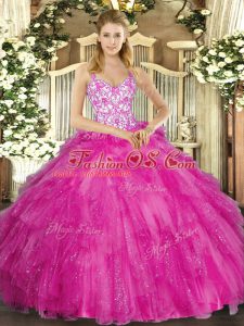 Sleeveless Floor Length Appliques and Ruffles Lace Up Quince Ball Gowns with Fuchsia