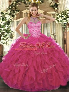 Fabulous Halter Top Sleeveless Lace Up Sweet 16 Quinceanera Dress Hot Pink Organza