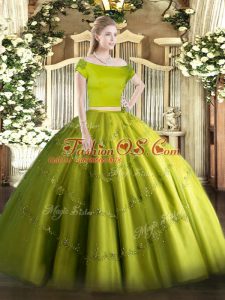 Olive Green Tulle Zipper Quince Ball Gowns Short Sleeves Floor Length Appliques