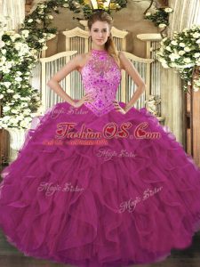 Comfortable Fuchsia Organza Lace Up Sweet 16 Dress Sleeveless Floor Length Beading and Embroidery and Ruffles