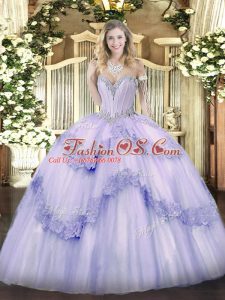 Glamorous Lavender Tulle Lace Up Sweetheart Sleeveless Floor Length Sweet 16 Quinceanera Dress Beading and Appliques
