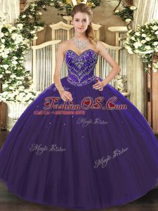 Charming Sweetheart Sleeveless Sweet 16 Dress Floor Length Beading Purple Tulle