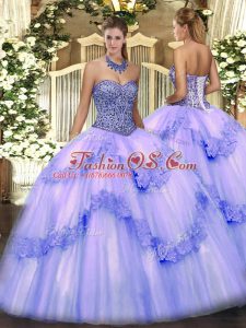 Flirting Sleeveless Tulle Floor Length Lace Up Sweet 16 Dresses in Lavender with Beading and Appliques and Ruffles