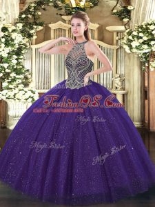 Purple Quinceanera Dresses Military Ball and Sweet 16 and Quinceanera with Beading Halter Top Sleeveless Lace Up