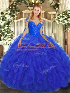 Floor Length Lace Up Quince Ball Gowns Royal Blue for Military Ball and Sweet 16 and Quinceanera with Lace and Ruffles