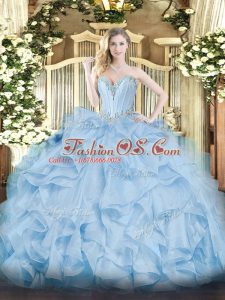 Blue Sleeveless Floor Length Beading and Ruffles Lace Up Quince Ball Gowns