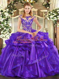 Noble Purple Ball Gowns Beading and Ruffles Quinceanera Dresses Lace Up Organza Cap Sleeves Floor Length
