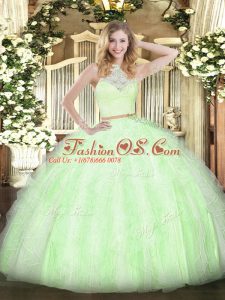 Classical Yellow Green Zipper Scoop Lace and Ruffles Quinceanera Dresses Tulle Sleeveless