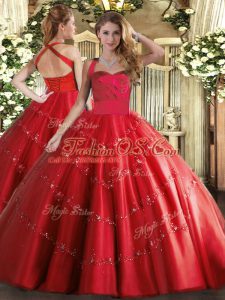 Graceful Red Lace Up Halter Top Appliques Quinceanera Gowns Tulle Sleeveless
