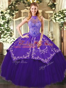 Superior Purple Halter Top Lace Up Beading and Embroidery Quinceanera Dress Sleeveless