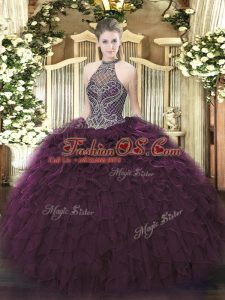 Floor Length Dark Purple Sweet 16 Quinceanera Dress Halter Top Sleeveless Lace Up