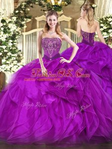 Purple Sweet 16 Quinceanera Dress Military Ball and Sweet 16 and Quinceanera with Beading and Ruffles Strapless Sleeveless Lace Up