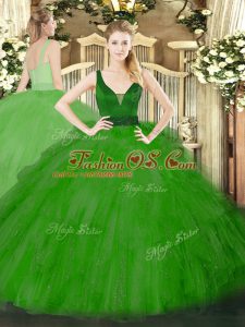 Green Sleeveless Floor Length Beading and Ruffles Zipper Quinceanera Dresses
