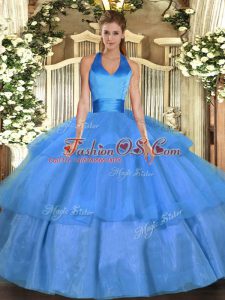 Fancy Baby Blue Tulle Lace Up Sweet 16 Quinceanera Dress Sleeveless Floor Length Ruffled Layers