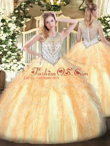 Floor Length Zipper Quinceanera Dresses Gold for Military Ball and Sweet 16 and Quinceanera with Beading and Ruffles