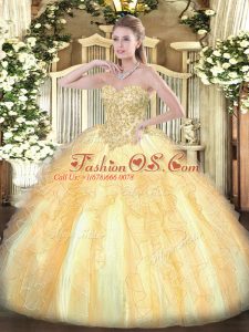 Champagne Ball Gowns Sweetheart Sleeveless Organza Floor Length Lace Up Appliques and Ruffles Sweet 16 Dresses