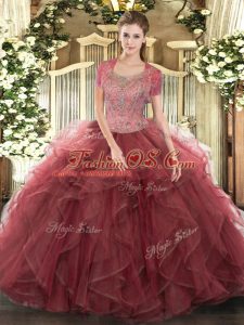 Attractive Sleeveless Tulle Floor Length Clasp Handle Sweet 16 Quinceanera Dress in Burgundy with Beading and Ruffled Layers
