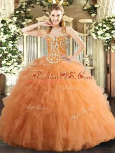 Exquisite Orange Tulle Lace Up Sweetheart Sleeveless Floor Length Quinceanera Dress Beading and Ruffles