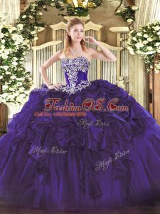 Latest Beading and Ruffles Quinceanera Gowns Purple Lace Up Sleeveless Floor Length