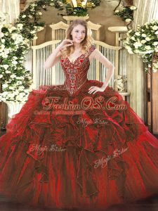 Wine Red Lace Up V-neck Beading and Ruffles 15 Quinceanera Dress Organza Sleeveless