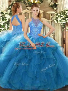Teal High-neck Lace Up Beading and Ruffles Vestidos de Quinceanera Sleeveless