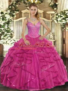 Dynamic Hot Pink Ball Gowns V-neck Sleeveless Tulle Floor Length Lace Up Beading and Ruffles Ball Gown Prom Dress