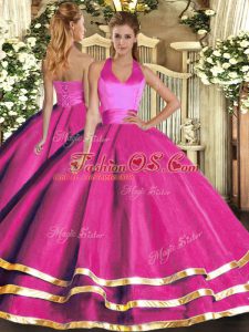 Hot Selling Fuchsia Tulle Lace Up Sweet 16 Quinceanera Dress Sleeveless Floor Length Ruffled Layers
