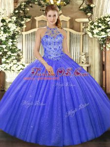Luxurious Blue Quinceanera Gowns Military Ball and Sweet 16 and Quinceanera with Beading and Embroidery Halter Top Sleeveless Lace Up