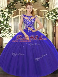 Royal Blue Scoop Neckline Beading and Appliques 15th Birthday Dress Cap Sleeves Lace Up