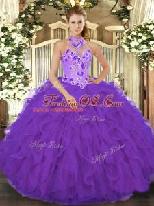 High Quality Purple Ball Gowns Halter Top Sleeveless Organza Floor Length Lace Up Beading and Embroidery and Ruffles Quinceanera Dresses