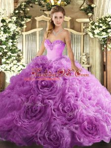 Lilac Lace Up Sweetheart Beading Vestidos de Quinceanera Fabric With Rolling Flowers Sleeveless