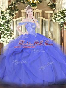 Off The Shoulder Sleeveless Quinceanera Dress Floor Length Beading and Ruffles Blue Tulle