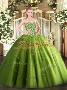 Custom Design Olive Green Sleeveless Beading and Appliques Floor Length Sweet 16 Quinceanera Dress
