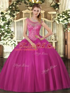 Fuchsia Tulle Lace Up Quinceanera Gown Sleeveless Floor Length Beading