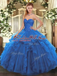 High Quality Blue Sleeveless Tulle Lace Up Quinceanera Dresses for Military Ball and Sweet 16 and Quinceanera