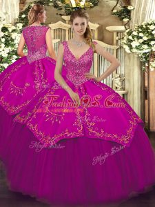 Modern V-neck Sleeveless Quinceanera Gowns Floor Length Beading and Embroidery Fuchsia Taffeta and Tulle