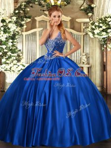Straps Sleeveless Quince Ball Gowns Floor Length Beading Royal Blue Satin