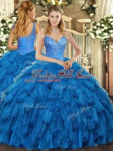 Dazzling Blue Lace Up Quinceanera Gowns Beading and Ruffles Sleeveless Floor Length