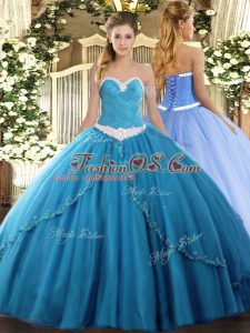 Decent Baby Blue Ball Gowns Sweetheart Sleeveless Tulle Brush Train Lace Up Appliques 15 Quinceanera Dress