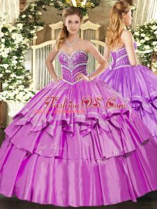 Lovely Lilac Ball Gowns Sweetheart Sleeveless Organza and Taffeta Floor Length Lace Up Beading and Ruffled Layers Sweet 16 Quinceanera Dress
