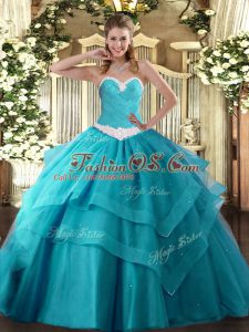Vintage Teal Lace Up Sweetheart Appliques and Ruffled Layers Quince Ball Gowns Tulle Sleeveless